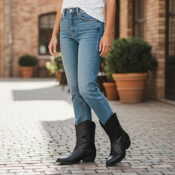 Born Shoes - Born Black Leather Ankle Cowboy Boots Women's M Zip Back Western Ranchcore Moto